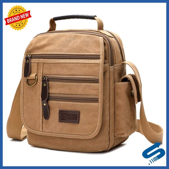 Vintage Canvas Messenger Bag Crossbody Work Bag Adjustable Strap Multi-Pocket